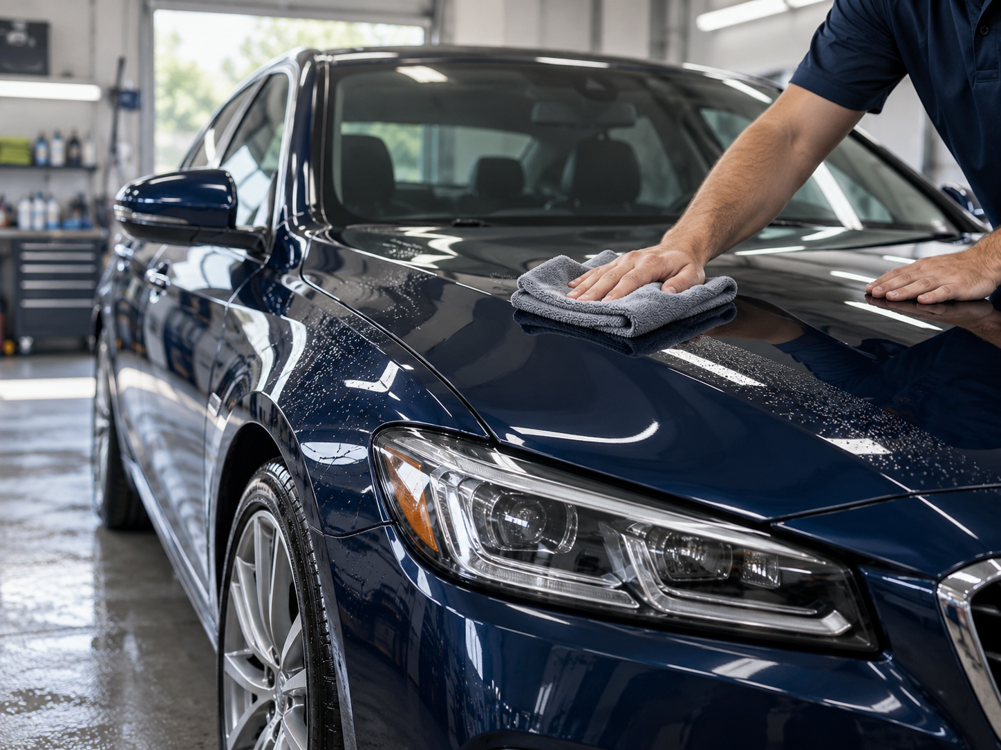 A vehicle being hand-detailed with a microfiber towel